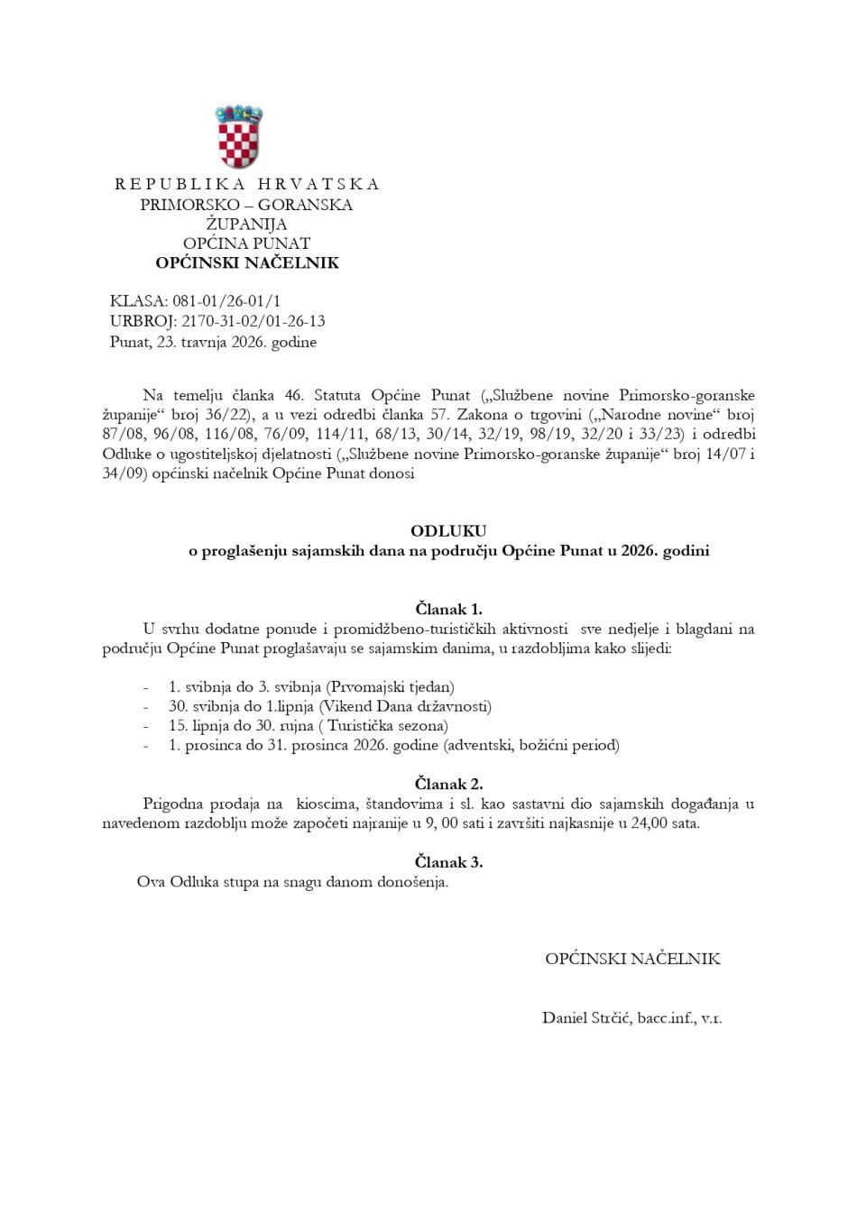 Odluka sajamski dani 2026